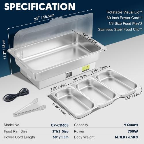 Electric Chafing Dish, 3 x 3QT Size Electric Chafing Dish Buffet Set with Rotary Knob Adjustable Temp, 700W Electric Buffet Servers and Warmers with Roll Top for Catering