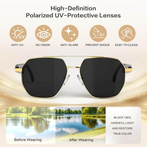 AI Smart Glasses with Chat GPT, AI Translation Glasses with 164 Language, Classic Aviator Sunglasses with Voice Assistant/AI Calling, IP65 Waterproof, Multifunctional Smart Glasses for Men Women