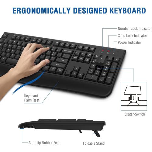 Wireless Keyboard and Mouse Combo, EDJO 2.4G Full-Sized Ergonomic Computer Keyboard with Wrist Rest and 3 Level DPI Adjustable Wireless Mouse for Windows, Mac OS Desktop/Laptop/PC