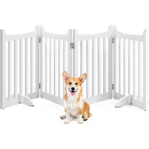 Yaheetech 24 H Freestanding Pet Gate for Dogs Wooden Dog Gates for Hallway, Doorway Collapsible Indoor Pet Fence with Support Feet Stair Barrier 4 Panels Fence White