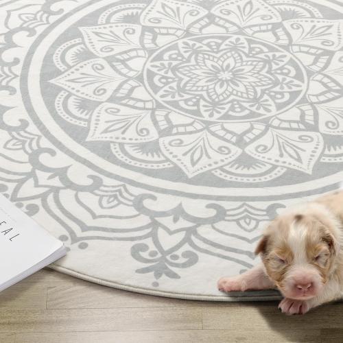 Carvapet 2' Small Round Area Rug Chic Boho Mandala Print Circle Rugs Non Slip Machine Washable Floor Mat Soft Throw Rug for Powder Room Entryway Bathroom Nursery Bedside Floor Decor Ivory Grey
