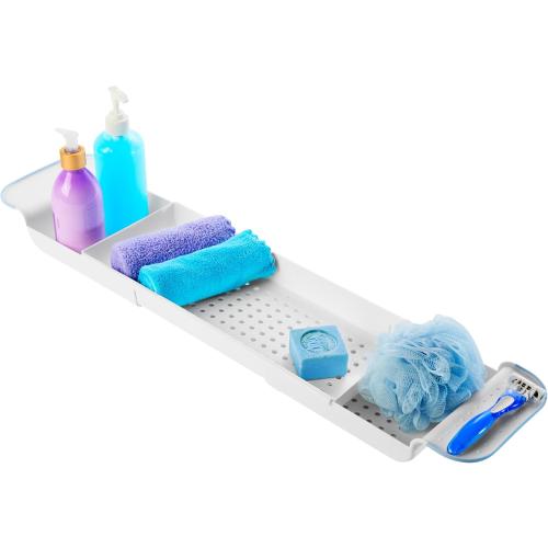 Madesmart Expandable Bath Tray for Bathtubs, Plastic Shower and Bath Shelf Caddy, White, Multifunctional Bathtub Bathroom Organizer