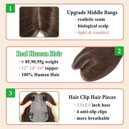 Size 12 Color Brown Hair Toppers for Women Real Human Hair, 12 Inch 360° 3D Upgrade Middle Part Toppers for Women with Thinning Hair (Mocha Brown)