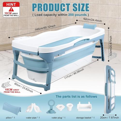 Portable Bathtub for Adult, 56'in Foldable Collapsible Tub, Ergonomically Designed Pop up Bathtub, For the Ultimate Relaxing Soaking Bath, Ideal for Small Spaces - Quick, Effortless Using Bl