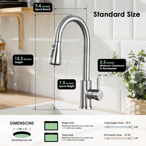 Kitchen Faucet with Pull Down Sprayer, High Arc Brushed Nickel Single Handle Kitchen Sink Faucet, Stainless Steel, 3 Mode(Stream/Spray/Pause), 360° Swivel, Grifos para Fregaderos de Cocina