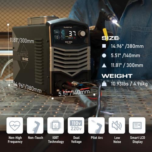 Plasma Cutter, Non-Touch Pilot Arc 50Amps Non-High Frequency Plasma Cutting Machine with Large LCD Display 110/220V Dual Voltage IGBT Inverter 4/5 Inch Max Cut 2T/4T, for Beginners DIY