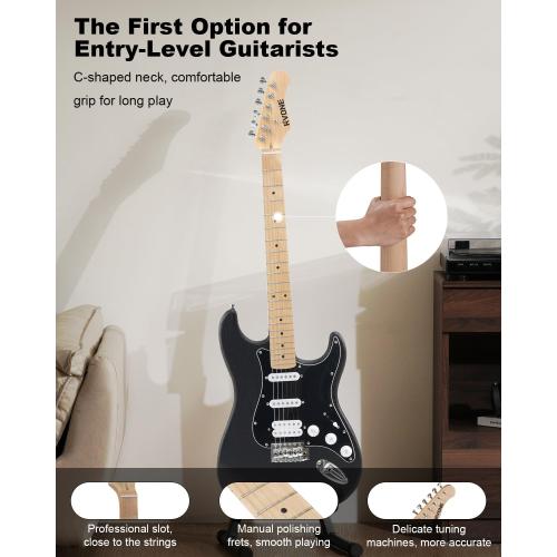 RVONE RST-150 39 Beginner Electric Guitar Kit with Amp & HSS Pickups | Complete Starter Set for Newcomers w/Essentials | Gig Bag, Extra Strings, Digital Tuner, Capo, Strap | Home Practice (Black)‼️missing pieces‼️