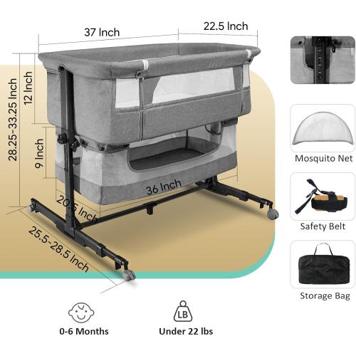 Baby Bassinet, 3 in 1 Bedside Sleeper with Mattress and Mesh Sides, Mosquito Net, Storage Basket, with Rocking Function, 5-Height Adjustable, Easy Assemble Crib for Newborn, Gray