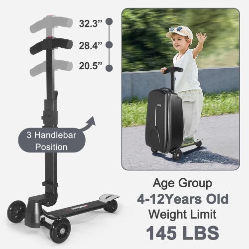 iubest Scooter Luggage Carry On Scooter Suitcase for Kids Age 4-15, Detachable & Foldable 4 in 1 Kids Suitcase, Multifunctional Ride On Travel Trolley Scooter Combo-Black