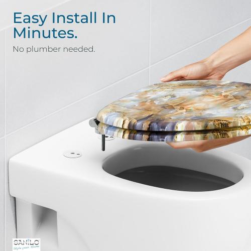 SANILO Wooden Toilet Seat with Soft Close [ELONGATED] - Decorative, Quiet & Slow Close Molded Wood Seat - With Strong Bumpers & Hinges - Adjustable Fit - Marble Brown