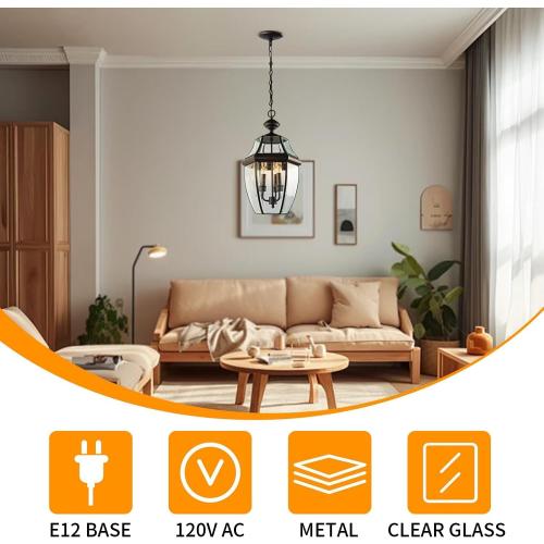 Large Outdoor Pendant Light Fixture 3-Light, 20in Modern Bronze Outdoor Chandelier Hanging Porch Light, Metal Exterior Ceiling Mount Hanging Lantern with Clear Glass for Front Door, Entrance, Gazebo