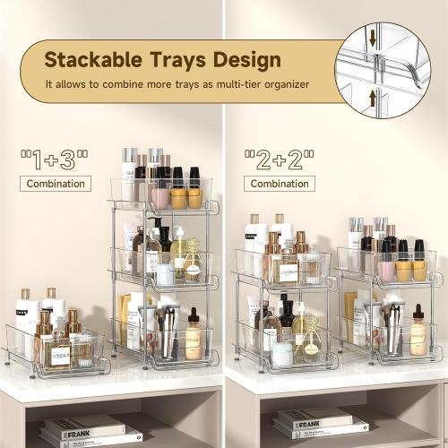 HIHEGD 2 Tier Bathroom Storage With Dividers, Clear Under Sink Pull Out Organizer for Kitchen Pantry, Medicine Cabinet