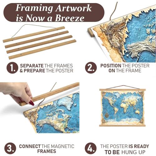 DACRI HOME Magnetic Poster Hanger Frame, Sturdy Magnetic Poster Frame 24x18 24x30 24x36 with Teak Wood, Strong Magnets for Hanging Prints, Maps, Pictures, Scroll Wall Art (24 Inch, Teak)