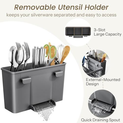 SNTD Dish Drying Rack - Small Dish Rack for Kitchen Counter, Stainless Steel Dish Drainer with Utensil Holder and Drainboard, 11 W x 15 L (Grey)