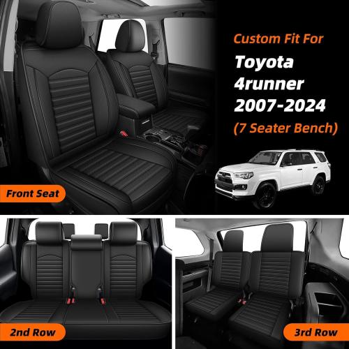 Seat Covers Custom Fit for Toyota 4Runner 2007-2024: 7 Seats Full Set Seat Cushion Protectors Waterproof Leather Comfortable Breathable Compatible Airbag (Black, 3 Rows 7 Seats)