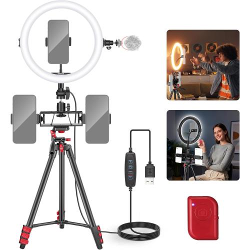NEEWER Basics 10 Selfie Ring Light with Tripod Stand/3 Phone Holders Compatible with iPhone/3 Cold Shoes/Remote, LED Ringlight Lighting for YouTube TikTok Vlog Video Recording Makeup Streaming, R11