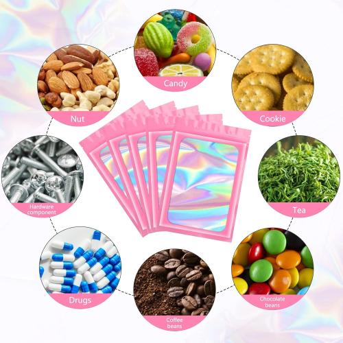 Funfery 100 pcs Pink Mylar Holographic Bags Packaging Bags,Clear Seal Resealable Smell Proof Bag Foil Pouch Bag for Food Storage and Lipgloss,Jewelry,Eyelash Packaging for Small Business(3x4.7In)