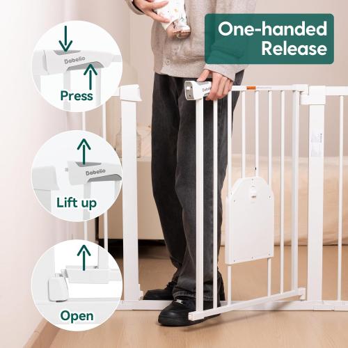 Babelio Auto Close Baby Gate with Cat Door,29-43 Metal Gate for Doorway,Stairs, House,Easy Walk Thru with Pet Door,Includes 4 Wall Cups and 3 Extension Pieces,White