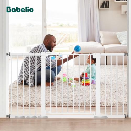 BABELIO 29-55 Inch Extra Wide Baby/Dog Gate, PressGuard P7, Metal Auto Close, Pressure Mounted Pet Door for Doorways, NO Need Tools and Drilling, with Wall Cups, White