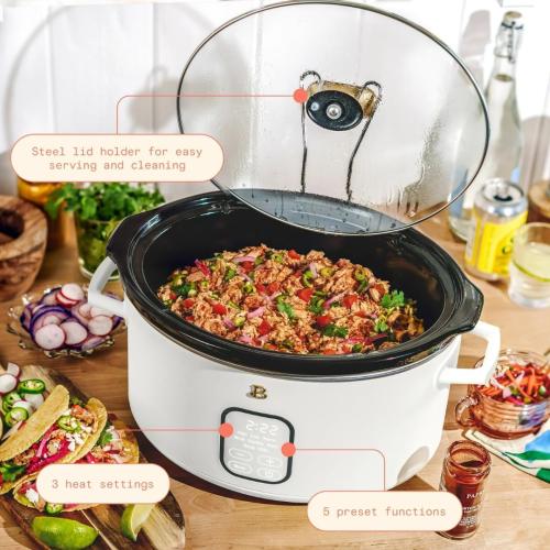 6 Qt Programmable Slow Cooker with Digital Timer, 5 Cooking Functions, Removable Ceramic Pot and Tempered Glass Lid, Dishwasher Safe (White Icing)