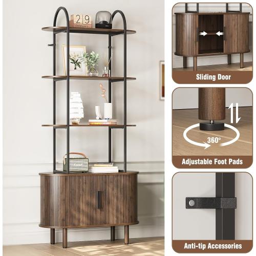 Espelism 71 Tall Mid-Century Display Shelf Bookshelf with Sliding Tambour Doors, 4-Tier Freestanding Vinyl Record Player Stand Fluted Storage Cabinet for Living Room, Bedroom, Home Office