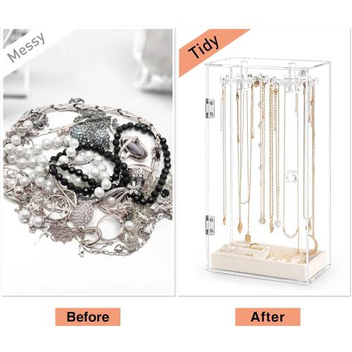 Clear 12.5 x 6.3 x 3.3 Necklace Holder, Acrylic Jewelry Organizer with 24 Hooks, Rotation Clear Necklaces Pendant Display Case Stand, Dust-proof Velvet Tray Hanging Rack Storage for Earrings Rings
