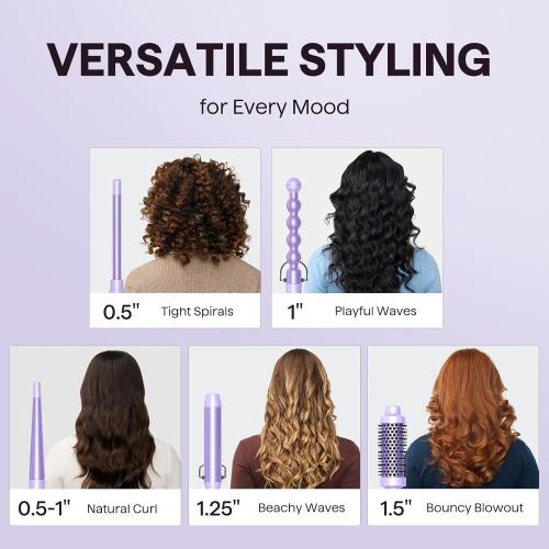 Wavytalk 5 in 1 Curling Iron,Curling Wand Set with Curling Brush and 4 Interchangeable Ceramic Curling Wand(0.5”-1.25”),Instant Heat Up,Include Heat Protective Glove & 2 Clips (Purple)