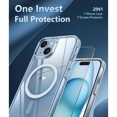 FNTCASE for iPhone 15 Case Clear: iPhone 14/13 Case Magnetic Phone Cases with Screen Protector Compatible with Magsafe Slim Anti Yellowing Rugged Protective Transparent Cell Cover (A-Clear)