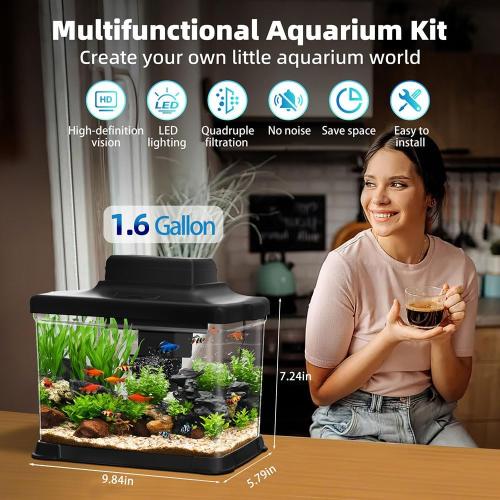 DaToo Small Fish Tank Ultra-Clear 1.6 Gallon Aquarium Starter Kits with LED Lighting and Filter System Beginner-Friendly Mini Betta Aquarium for Small Fish Shrimp Desktop Room Decoration