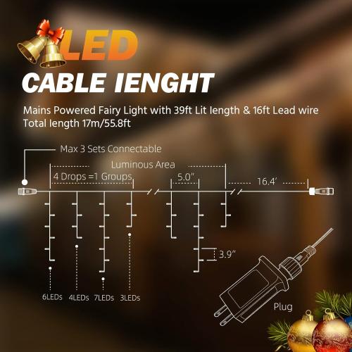 Icicle Christmas Lights Outdoor, 480 LED 39FT Icicle String Lights with 96 Drops 8 Modes and Timer, Twinkle Icicle Fairy Lights for House Patio Bedroom Wedding (Warm White)