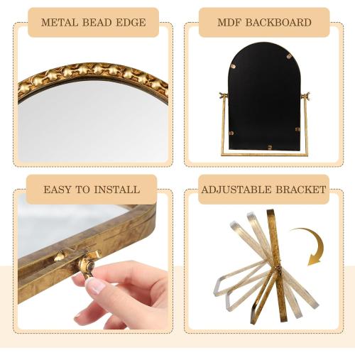 Vintage Desk Makeup Mirror, 11.8 L x 7.9 W Antique Gold Vanity Table Mirror, Metal Framed Arched Small Standing Mirrors with Beaded, 360 Adjustable Rotation for Tabletop, Bedroom