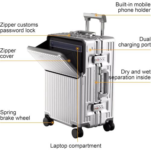 Zipperless Luggage, 22.4 x 15.4 x 9.4 Aviation Certified, Polycarbonate Aluminum Hardshell, Expandable Carry-On Luggage with Spinner Wheels, Hardshell Luggage, 20 Inch Cabin