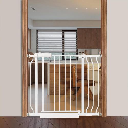 Baby Gate for Stairs No Drill 33.86-38.58 Inch,Pressure Mounted Metal Child Safety Dog Gates for Doorways,Walk Through Pet Gate Indoor Auto Close,White