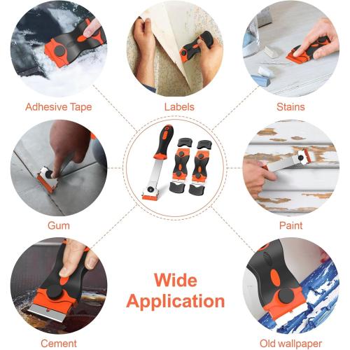 Ywmoml 3 Pack Razor Blade Scraper Set, Includes 30 Plastic & 30 Metal Blades, Multi-Purpose Tool for Glass, Cooktop, Sticker Removal, Paint & Gum Cleaning (Orange)