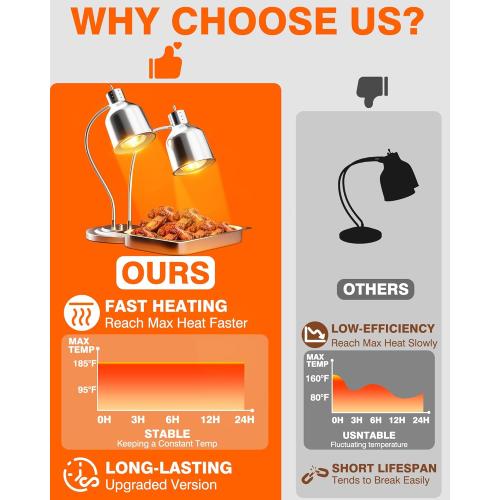 PYY Commercial Food Warmer - 2-Head Electric Heating Lamp, 500W Stainless Steel Catering Food Warming Lamp for Restaurant Kitchen, Cafeteria