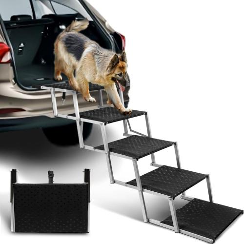 Black Extra Wide Dog Stairs for Large Dogs,Portable Folding Pet Stairs for Cars,SUV,Trucks,Dog Steps with Non-Slip Surface,Supports Up to 250 lb,5 Steps