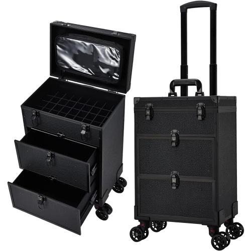 Size Medium Color Black Professional 3 in 1 Rolling Makeup Case Cosmetology Case on Wheels 2 Large Drawer Nail Case Trolley Traveling Cosmetic Train Case with Makeup Pouch for Artists Nail Technician Salon Cart Trunk Black