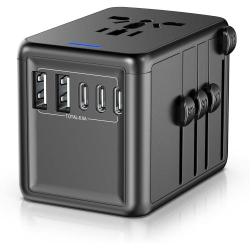 Universal Travel Adapter, 6.0A 30W 5 USB C/A Ports   AC Outlets International Power Adapter for All USB Devices, Type I C G A Plugs 110V 220V A/C, European Travel Plug Adapter for 200  Countries