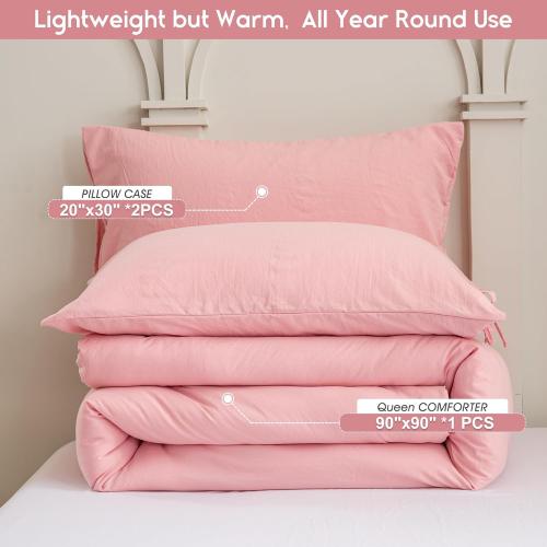 Blush Light Pink Comforter Set Queen, Super Soft Washed Polycotton Fabric, Cozy Comfy Down Alternative Bedding Blanket Comforter Set and Pillowcase Lightweight but Warm for Women All Seasons
