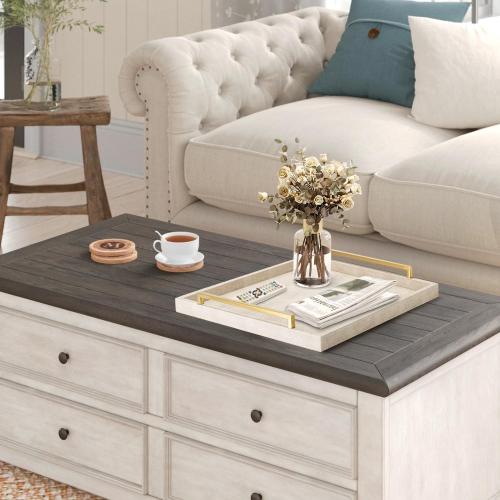 Large Ottoman Tray for Coffee Table,Square Shagreen Leather Decorative Tray with Gold Handles for Living Room Decor