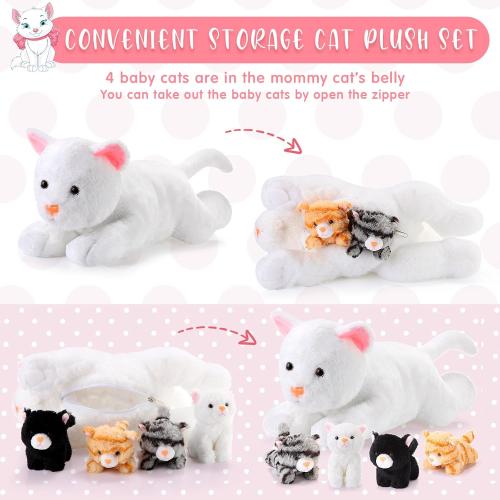Skylety 5 Pieces Cat Stuffed Animal with Babies Inside,White | Pregnant Mommy Kitty Holds 4 Babies Inside Belly Zipper, Soft Plush Surprise Gift for Birthdays Christmas, Fluffy Toy Set