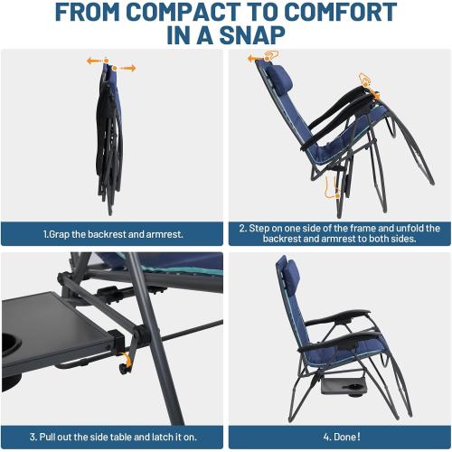 Blue TIMBER RIDGE Oversized Zero Gravity Chair, 33In Wide XXL Zero Gravity Reclining Chair with Side Table, Full Padded Lounge Chair for Outdoor Camping Patio Lawn, Heavy Duty Supports 500lbs, Blue-1 Pack