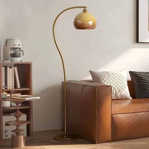 Bofea-Arc Floor Lamps for Living Room Gold Floor Lamp with Orange Glass Shade,3 Color Temperatures,Orange Tall Reading Light with Foot Switch，Ambient Lighting Lamps Mid Century Arch Lamp for Bedroom