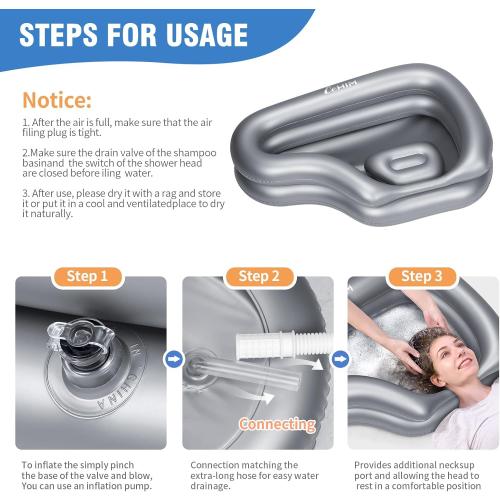 Portable Inflatable Shampoo Basin for Bedridden Elderly, Hair Washing Bowl with Drain Hose & Neck Support, PVC Inflatable Shampoo Bowl for Bedridden Patients, Disabled, Seniors, Kids, Home Care