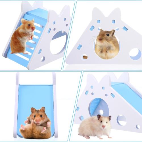 TIESOME Hamster House with Ladder and Slide, Wooden Hamster Play Toys Hideout Hut Gerbil Rat Hideaway Small Animal Activity Toy DIY Hamsters Cage Accessories for Small Pets(Blue)
