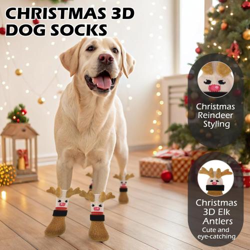 EXPAWLORER Christmas Anti Slip Dog Socks to Prevent Licking Paws, Boots & Paw Protectors with Grippers,Doggie Booties for Hardwood Floors for Large Senior Dogs Lifelike Costume Reindeer large