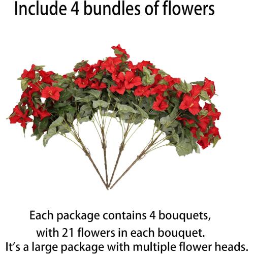 Artificial Outdoor Flowers UV Resistant Faux Petunias Silk Flower Faux Flowers Fake Plants for Garden Patio Window Box Home Porch Decor 4 Bundles (Red)