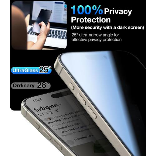 UltraGlass Top 9H  Glass for iPhone 16 Plus Privacy Screen Protector 2024 [No.1 Military Grade Shatterproof & 100% Anti Spy] Privacy Screen Tempered Glass [Longest Durable] 2 Pack