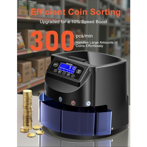 Coin Counter and USD Coin Sorter with LCD Display, 300-Coin Capacity, Automatic Change Counter for 1￠ 5￠ 10￠ 25￠ $1, 270 Coins/min,Coin Sorter and Wrapper Machine for Fast & Accurate Sorting