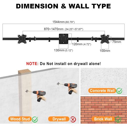 Triple Monitor Wall-Mount for 17-32 Screens - Adjustable Heavy Duty Three Wall Monitor Mount with Cable Management, Space-saving,Tilt, Swivel, Rotation, VESA 75/100 mm, Max 15.4lbs per Screen, Black